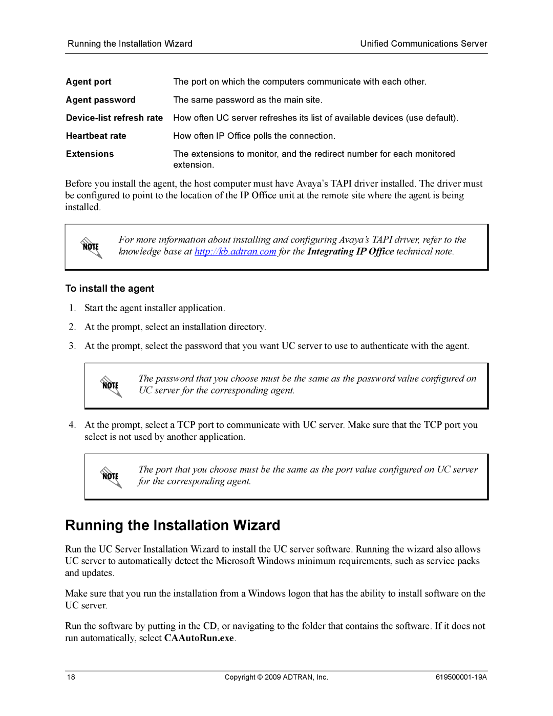 ADTRAN 619500001-19A manual Running the Installation Wizard, To install the agent 