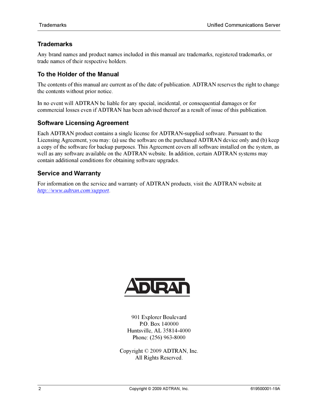 ADTRAN 619500001-19A manual Trademarks, To the Holder of the Manual, Software Licensing Agreement, Service and Warranty 