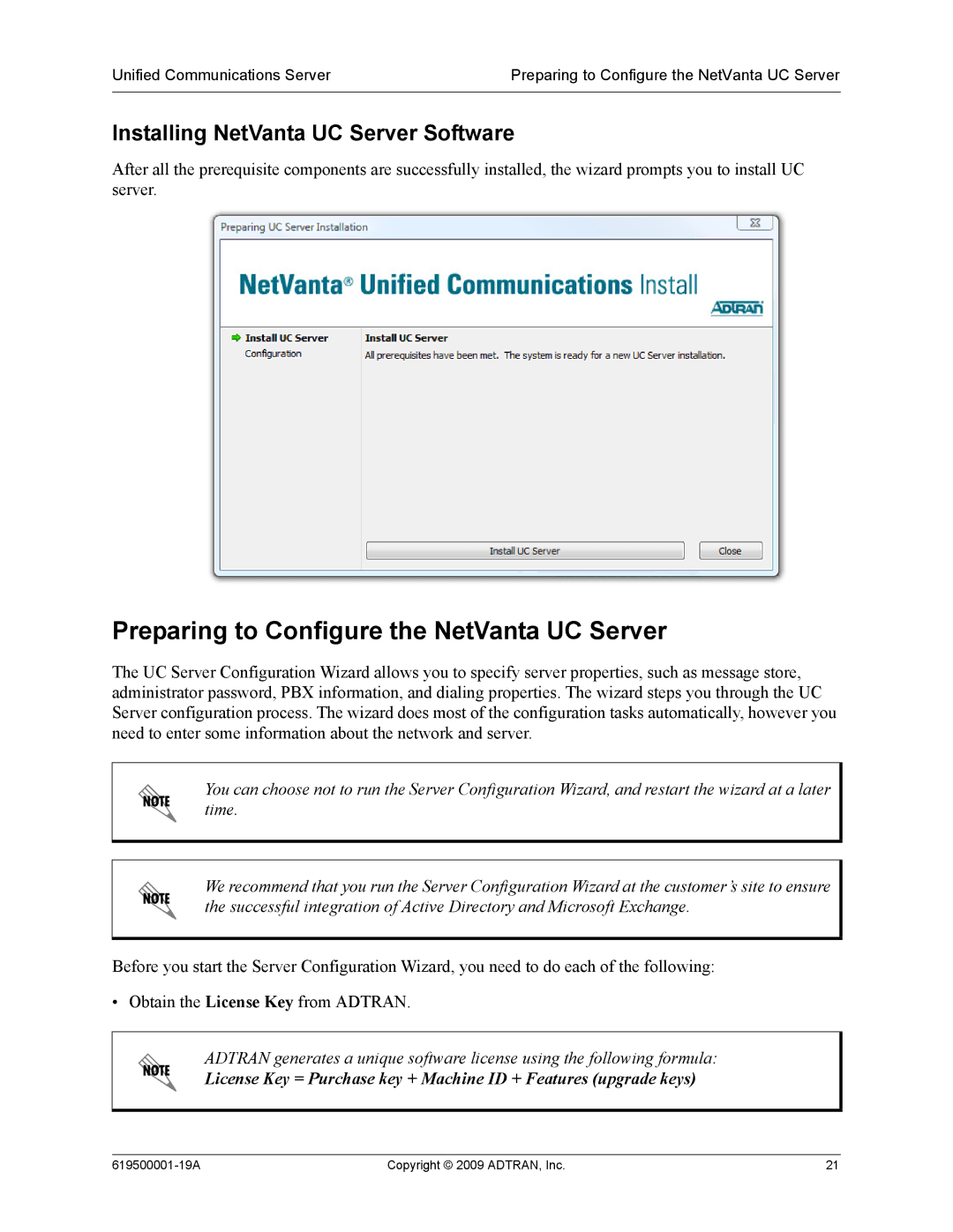 ADTRAN 619500001-19A manual Preparing to Configure the NetVanta UC Server, Installing NetVanta UC Server Software 