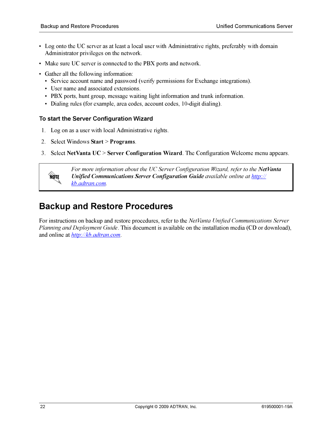 ADTRAN 619500001-19A manual Backup and Restore Procedures, To start the Server Configuration Wizard 