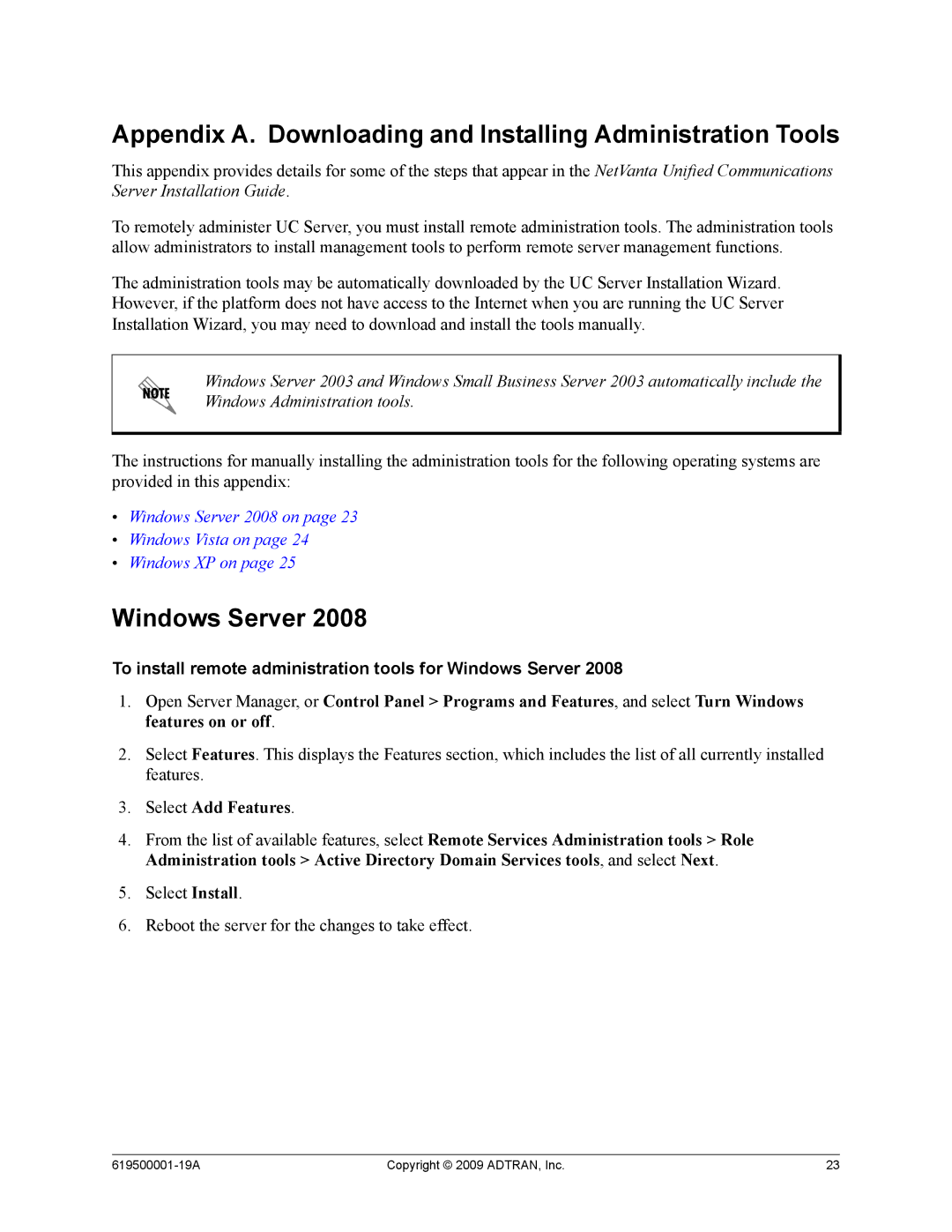 ADTRAN 619500001-19A manual Appendix A. Downloading and Installing Administration Tools, Windows Server 