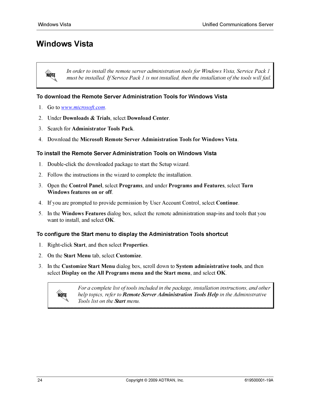 ADTRAN 619500001-19A manual Windows Vista 