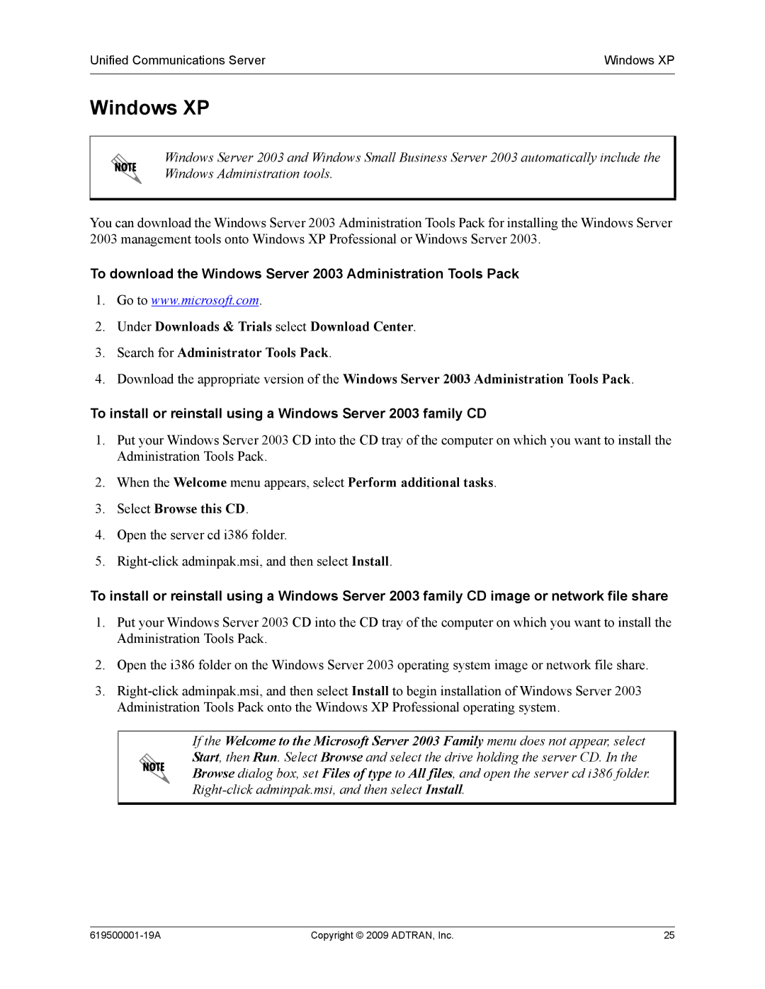 ADTRAN 619500001-19A manual Windows XP 