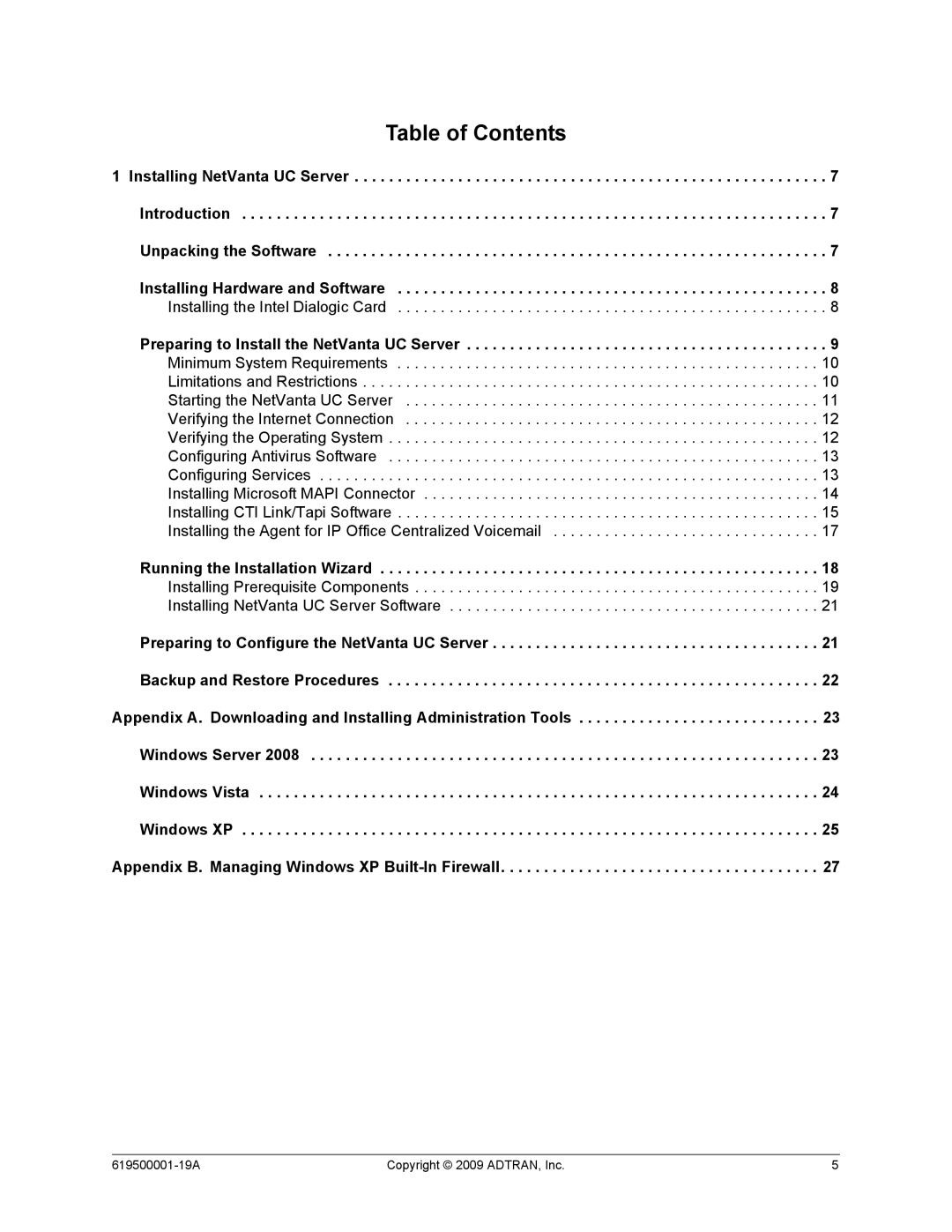 ADTRAN 619500001-19A manual Table of Contents 