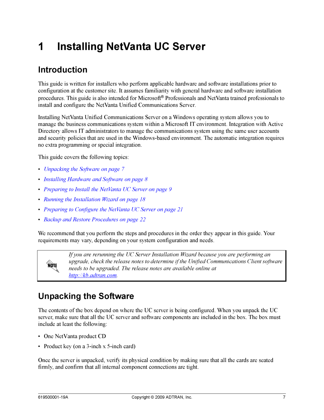 ADTRAN 619500001-19A manual Introduction, Unpacking the Software 