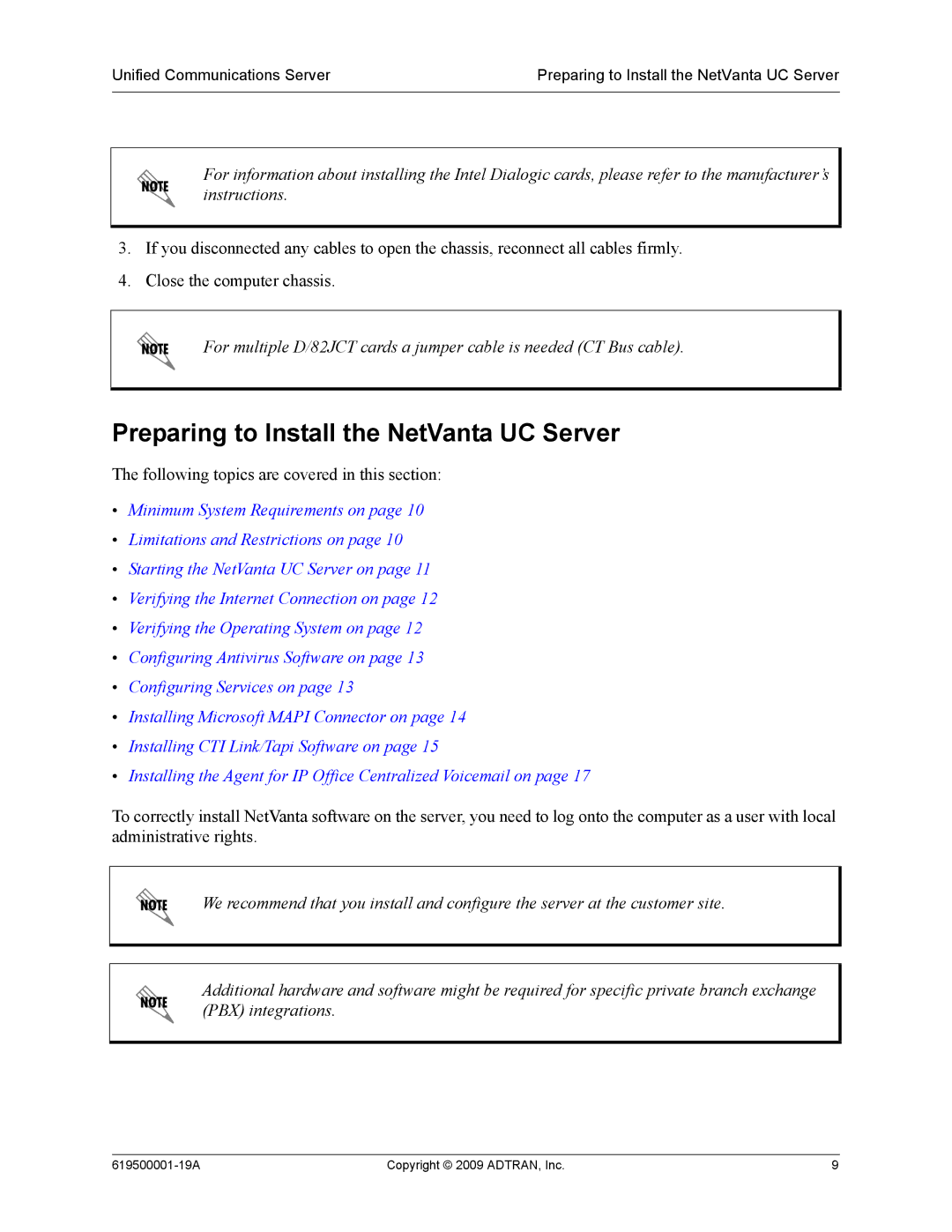 ADTRAN 619500001-19A manual Preparing to Install the NetVanta UC Server 