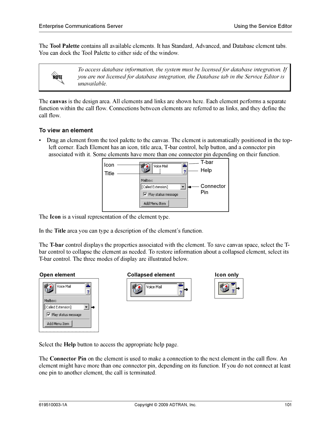 ADTRAN 619510003-1A manual To view an element, Open element Collapsed element Icon only 