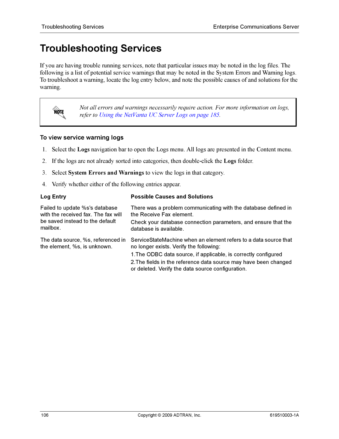 ADTRAN 619510003-1A manual Troubleshooting Services, To view service warning logs, Log Entry, Possible Causes and Solutions 