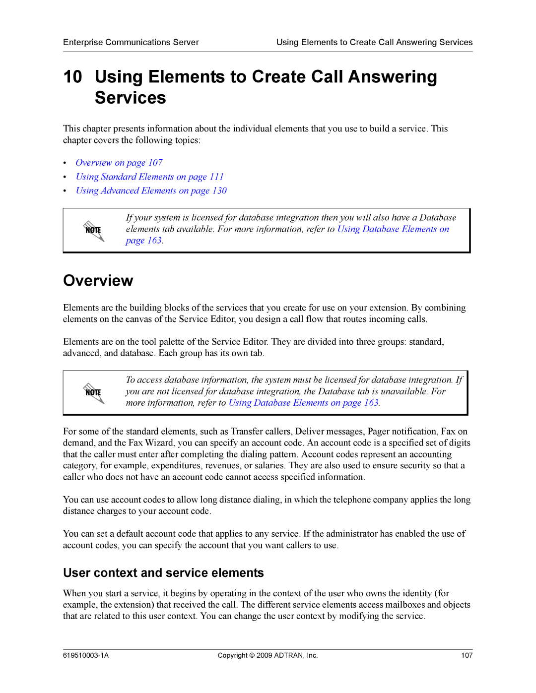 ADTRAN 619510003-1A manual Using Elements to Create Call Answering Services, User context and service elements 