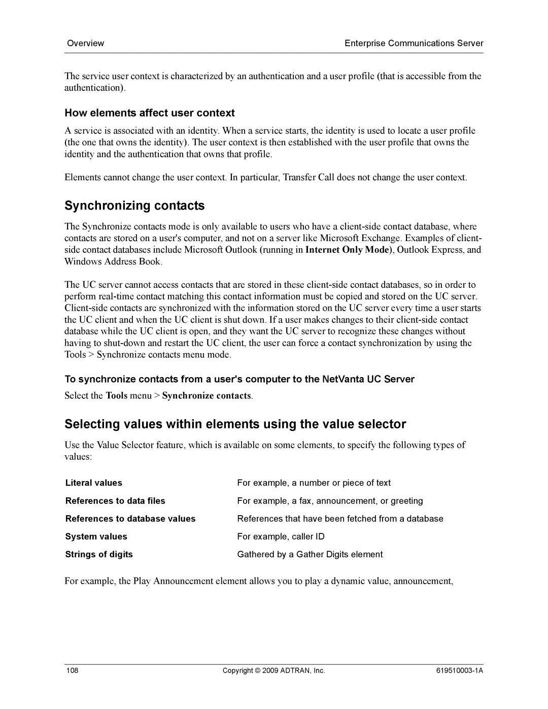 ADTRAN 619510003-1A manual Synchronizing contacts, Selecting values within elements using the value selector 