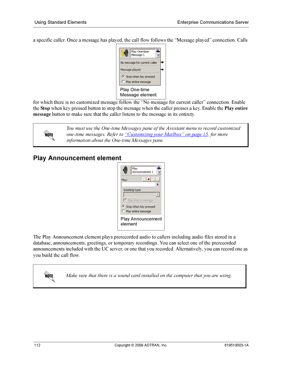 ADTRAN 619510003-1A manual Play Announcement element 