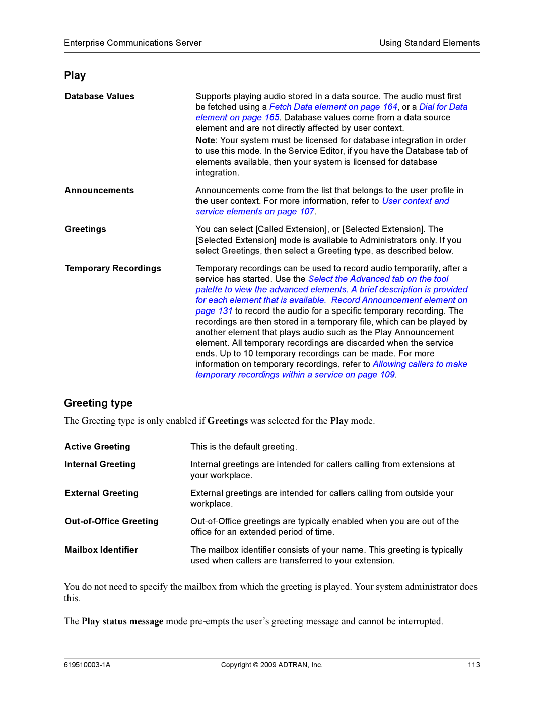 ADTRAN 619510003-1A manual Play, Greeting type 