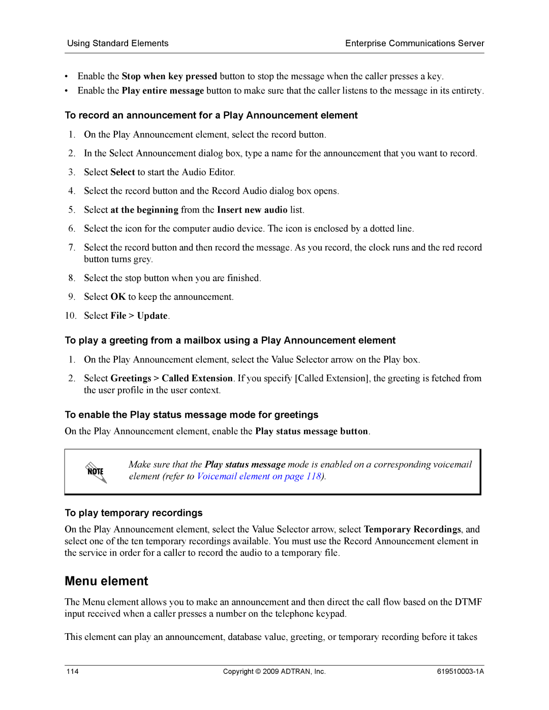 ADTRAN 619510003-1A Menu element, To record an announcement for a Play Announcement element, To play temporary recordings 