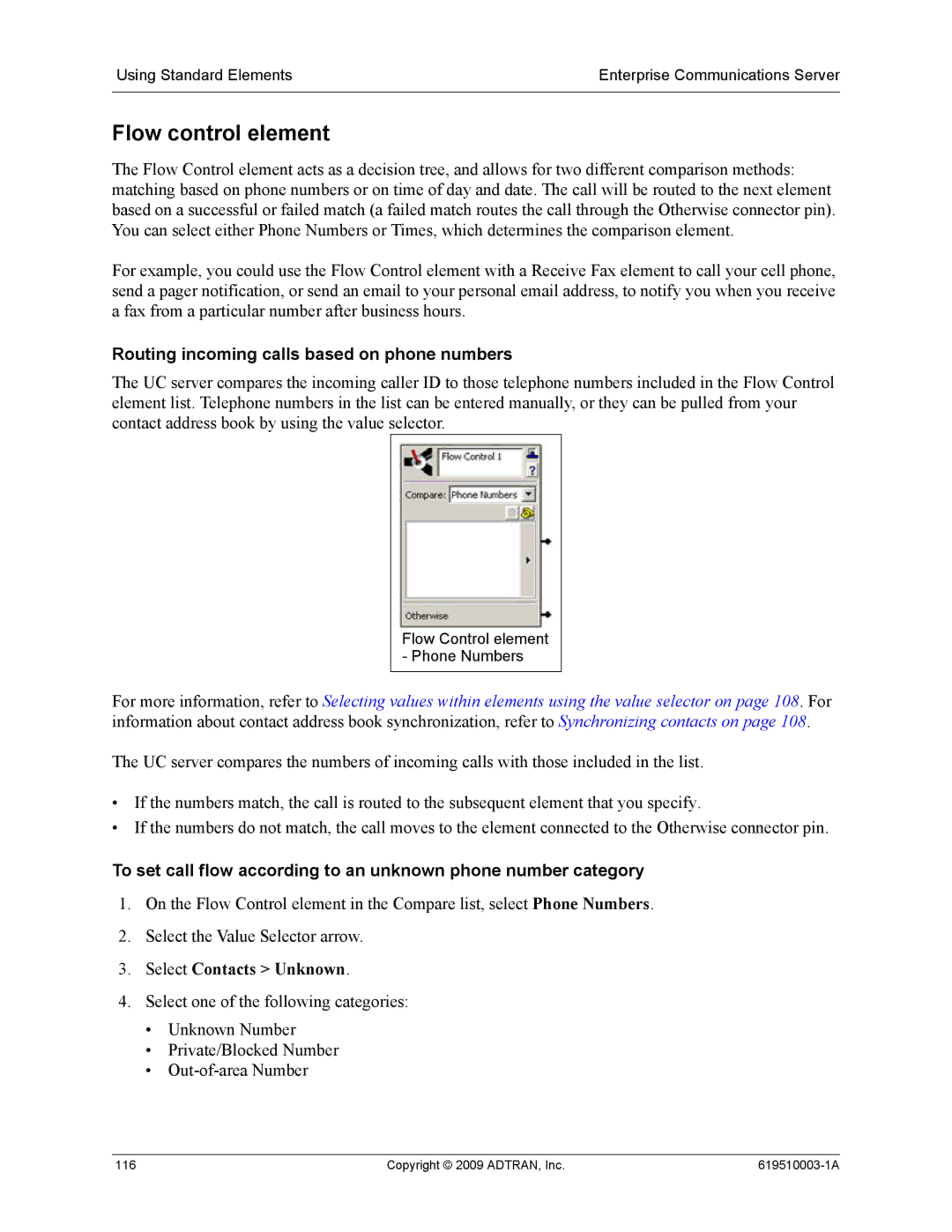 ADTRAN 619510003-1A manual Flow control element, Routing incoming calls based on phone numbers, Select Contacts Unknown 