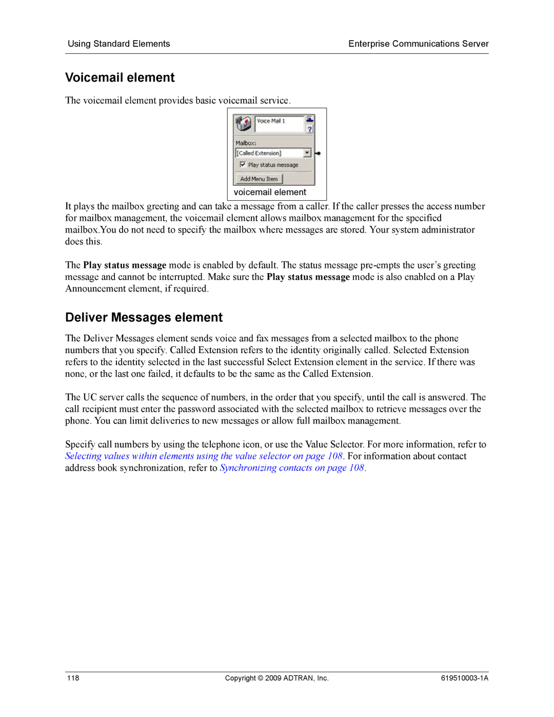 ADTRAN 619510003-1A manual Voicemail element, Deliver Messages element 