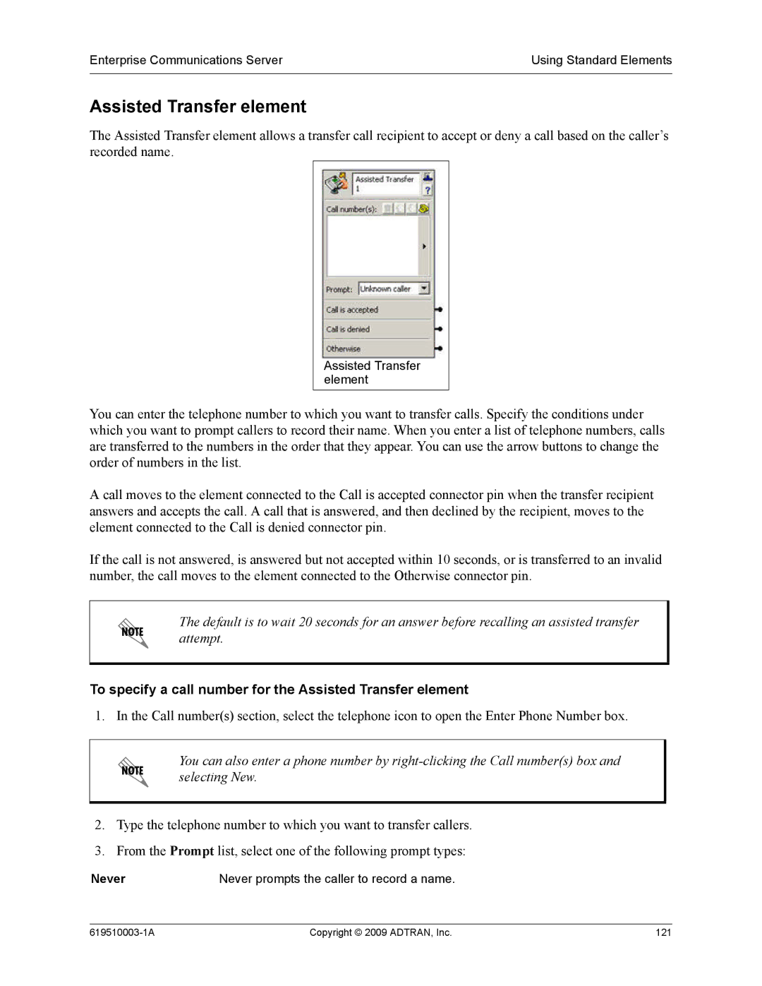 ADTRAN 619510003-1A manual To specify a call number for the Assisted Transfer element 