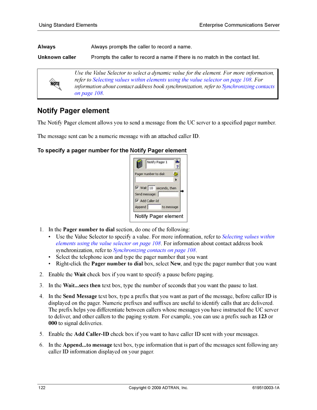 ADTRAN 619510003-1A manual To specify a pager number for the Notify Pager element, Always, Unknown caller 