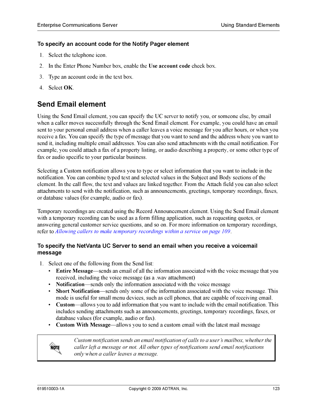 ADTRAN 619510003-1A manual Send Email element, To specify an account code for the Notify Pager element 