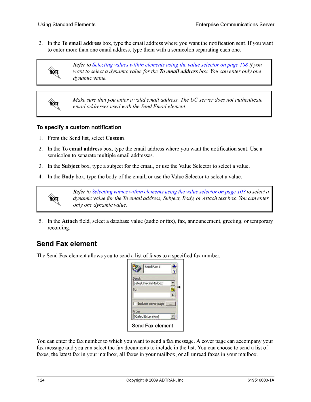 ADTRAN 619510003-1A manual Send Fax element, To specify a custom notification 