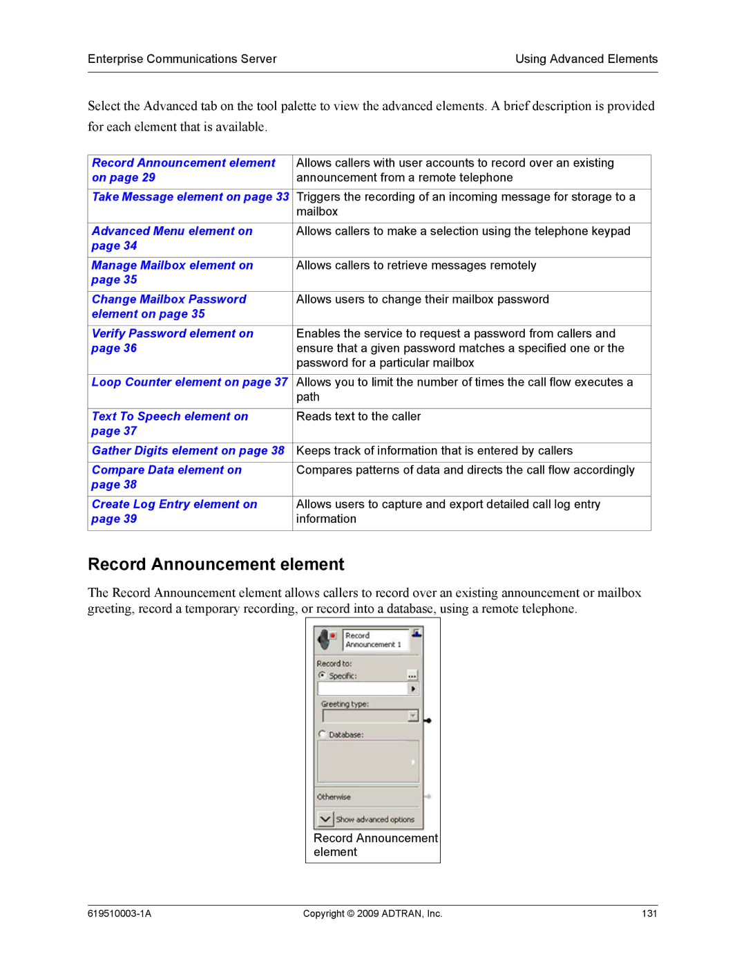 ADTRAN 619510003-1A manual Record Announcement element 