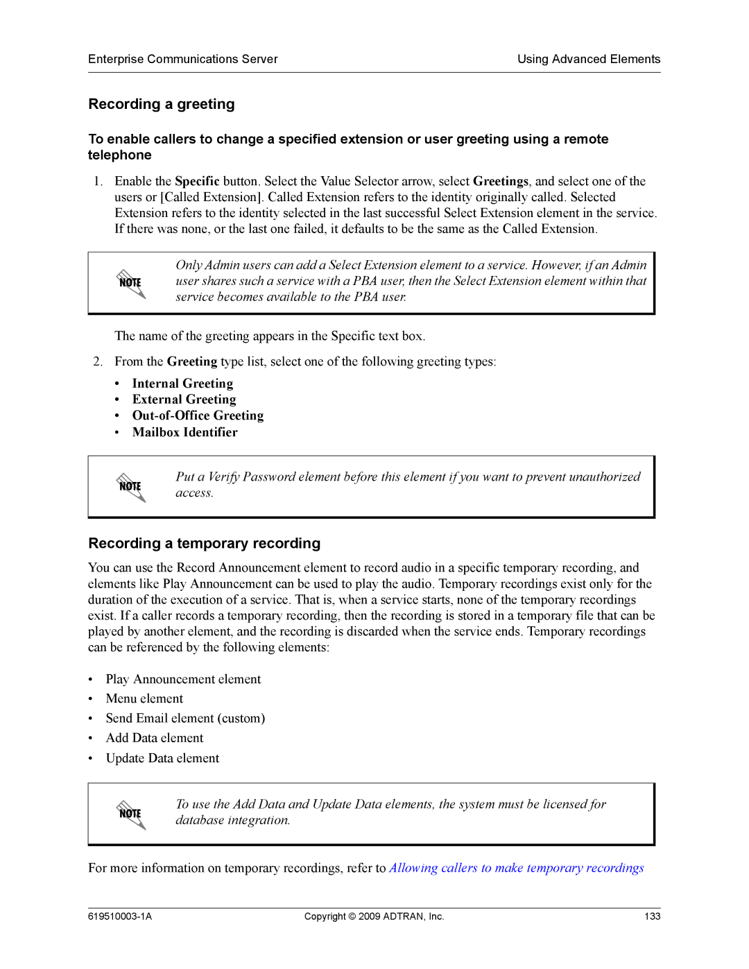 ADTRAN 619510003-1A manual Recording a greeting, Recording a temporary recording 