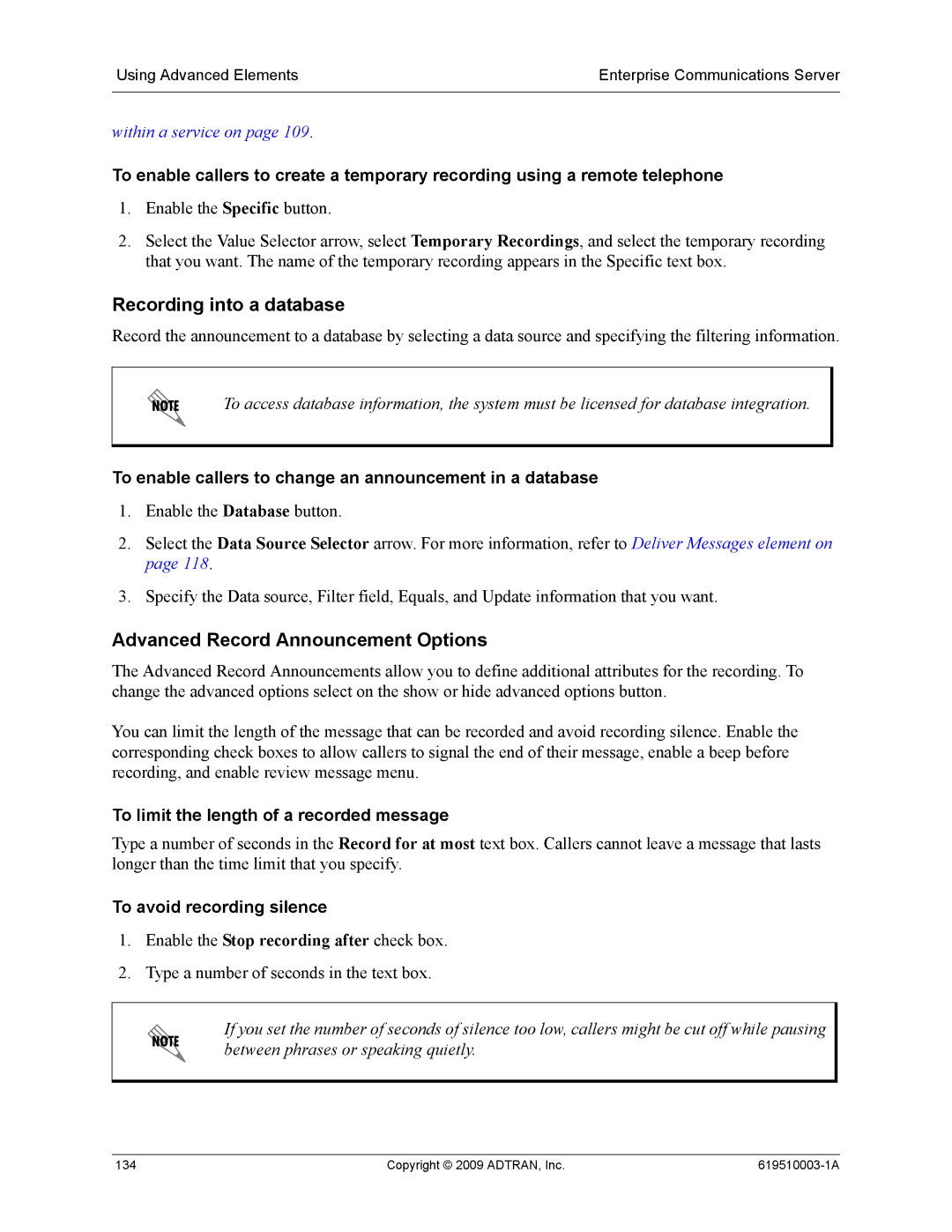 ADTRAN 619510003-1A manual Recording into a database, Advanced Record Announcement Options, To avoid recording silence 