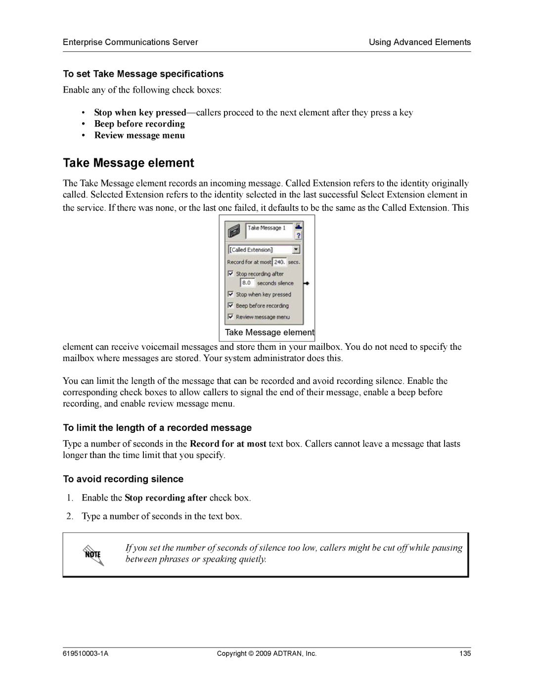 ADTRAN 619510003-1A Take Message element, To set Take Message specifications, Beep before recording Review message menu 