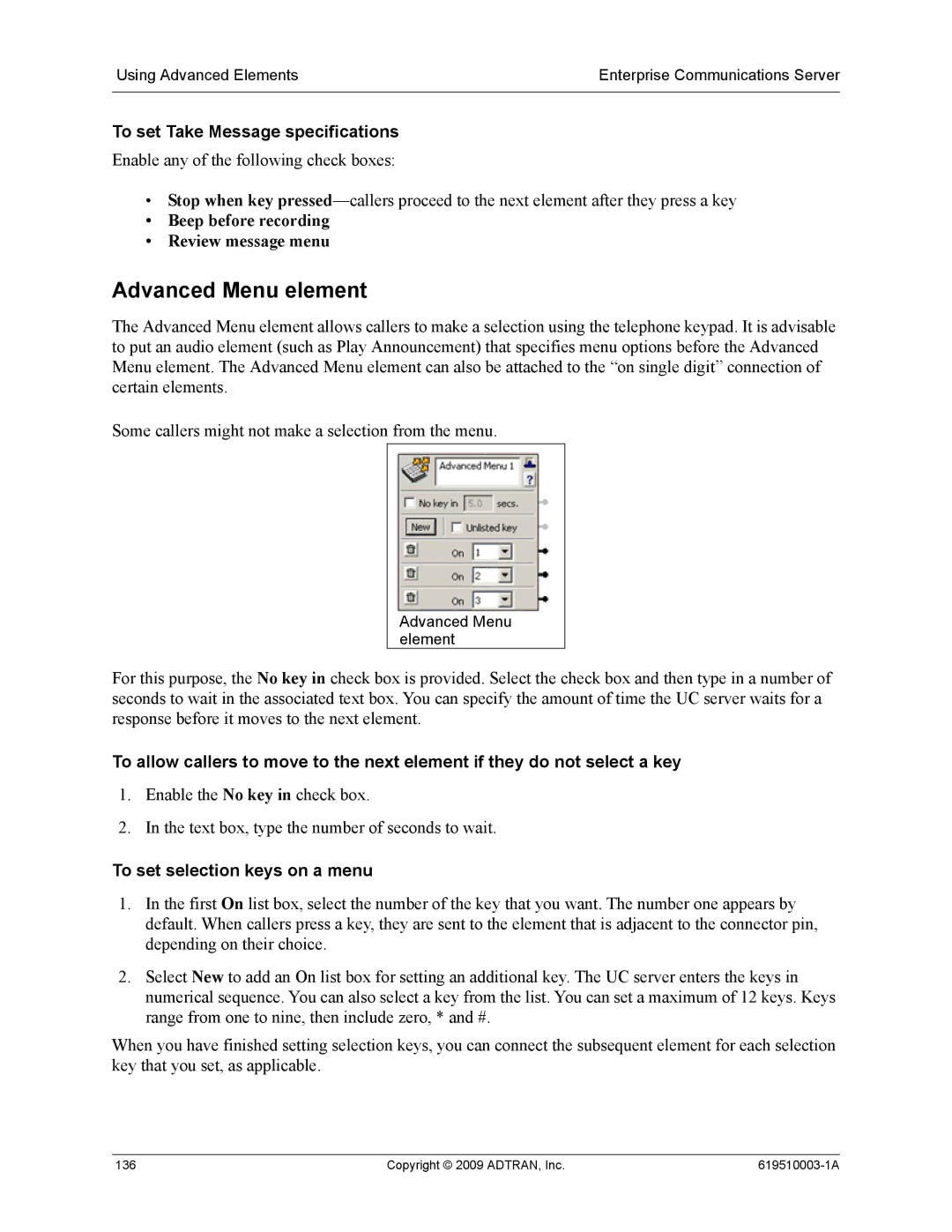 ADTRAN 619510003-1A manual Advanced Menu element, To set selection keys on a menu 