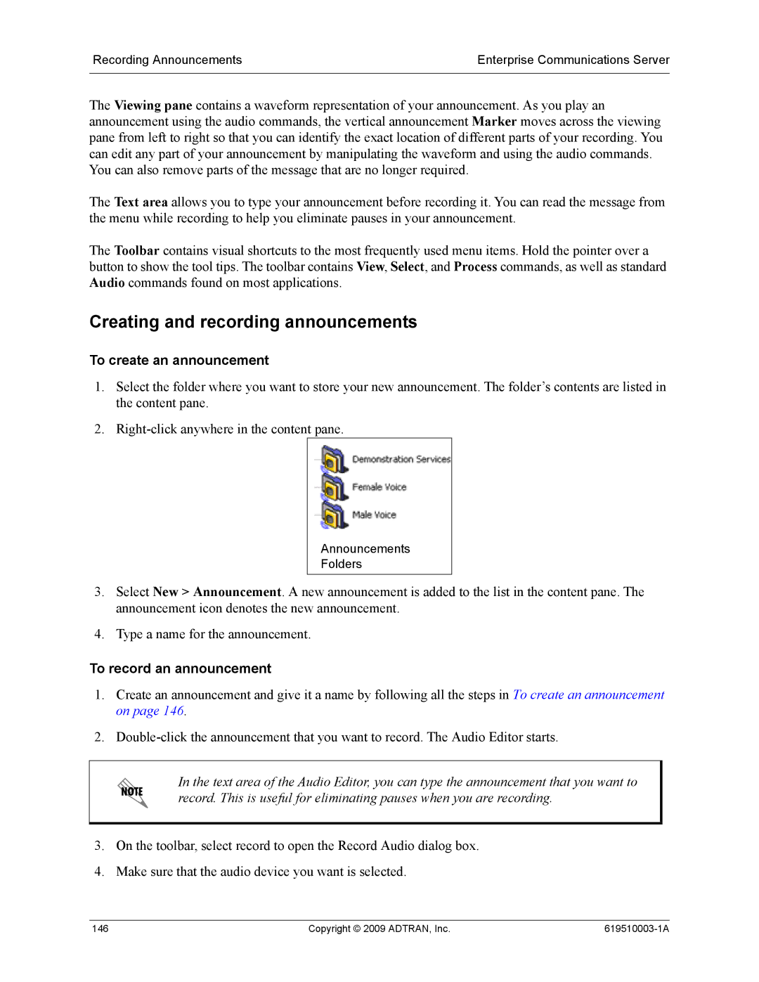 ADTRAN 619510003-1A manual Creating and recording announcements, To create an announcement, To record an announcement 