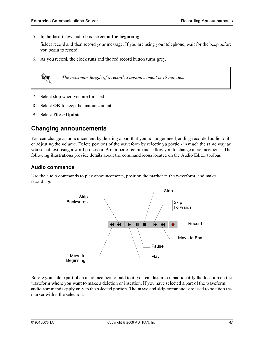 ADTRAN 619510003-1A manual Changing announcements, Audio commands 