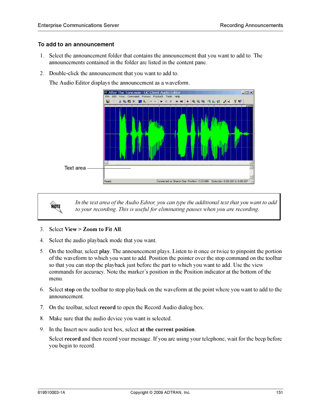 ADTRAN 619510003-1A manual To add to an announcement 