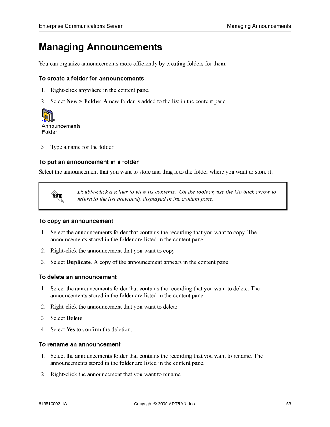 ADTRAN 619510003-1A manual Managing Announcements 