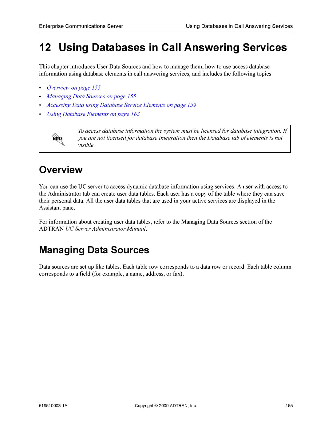 ADTRAN 619510003-1A manual Using Databases in Call Answering Services, Managing Data Sources 