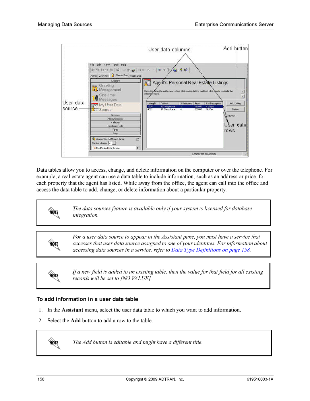 ADTRAN 619510003-1A manual To add information in a user data table, Add button is editable and might have a different title 