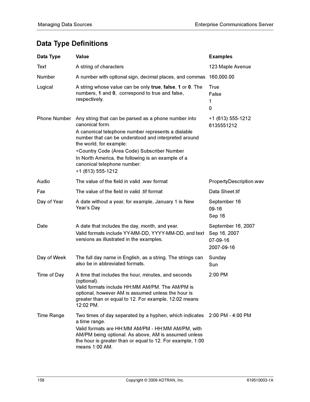 ADTRAN 619510003-1A manual Data Type Definitions, Data Type Value, Examples 