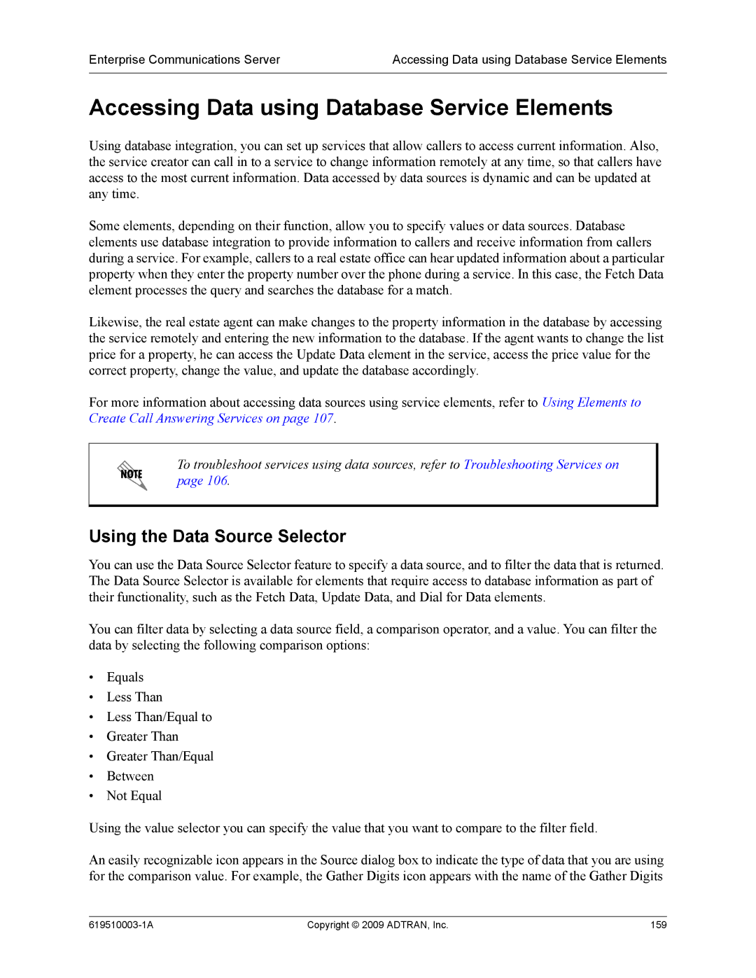 ADTRAN 619510003-1A manual Accessing Data using Database Service Elements, Using the Data Source Selector 