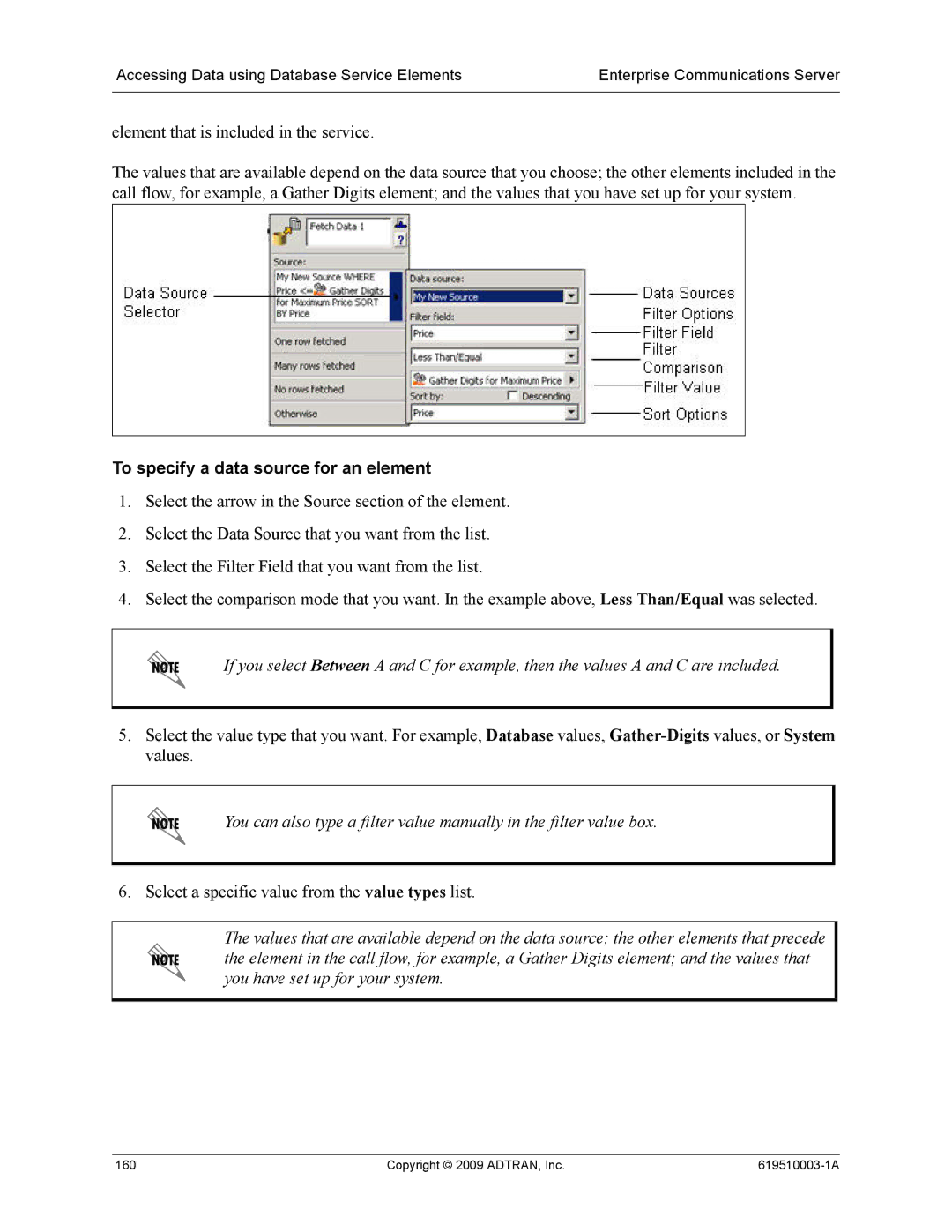 ADTRAN 619510003-1A manual To specify a data source for an element 