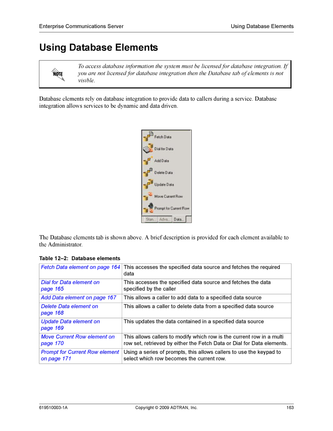 ADTRAN 619510003-1A manual Using Database Elements, Database elements 