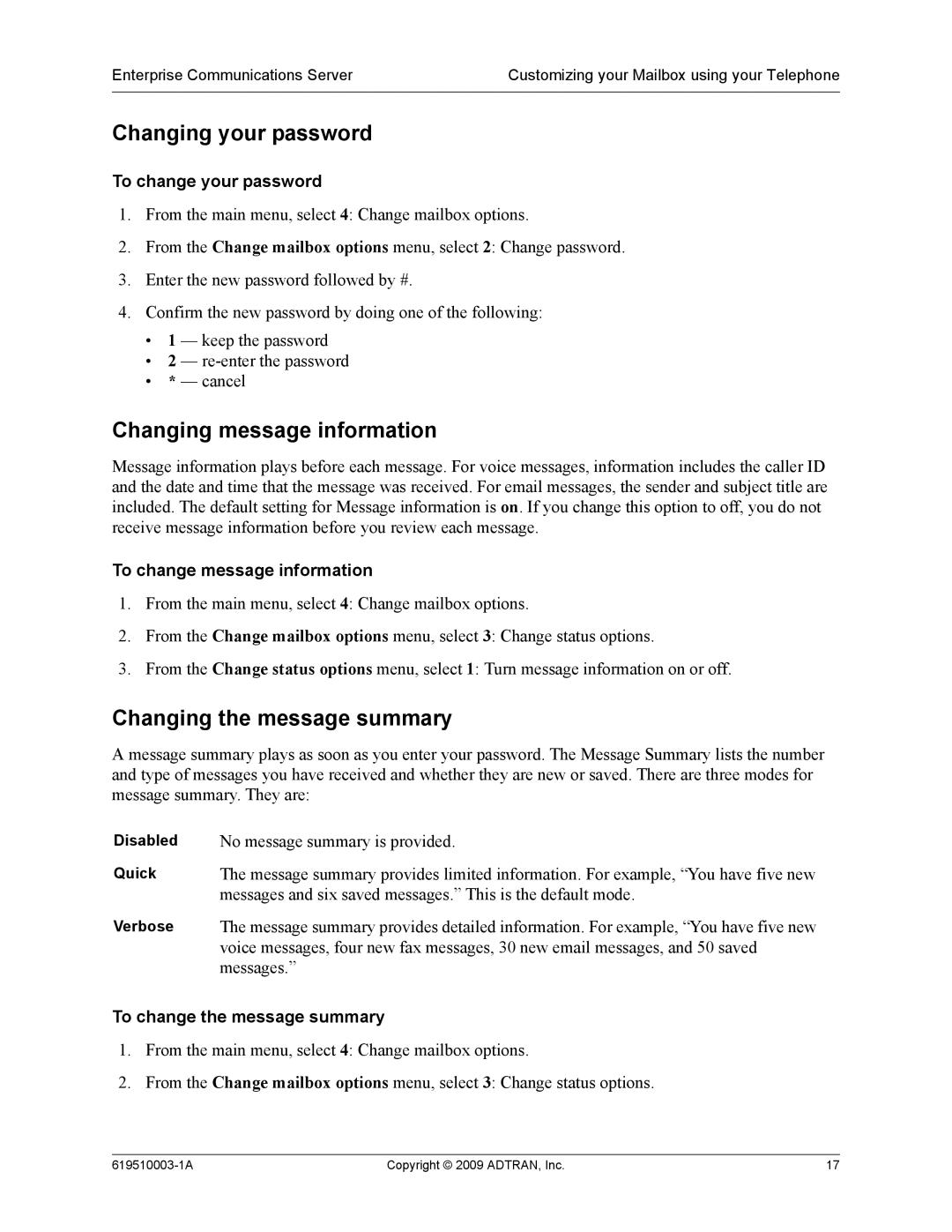 ADTRAN 619510003-1A manual Changing your password, Changing message information, Changing the message summary 