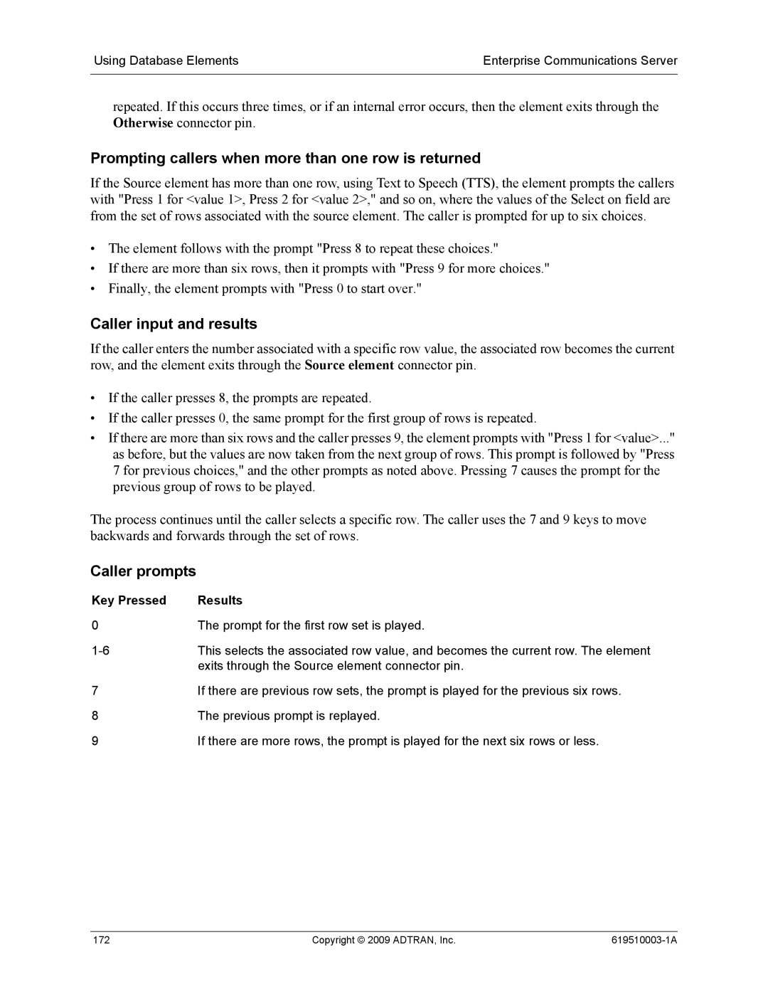 ADTRAN 619510003-1A manual Prompting callers when more than one row is returned, Caller input and results, Caller prompts 