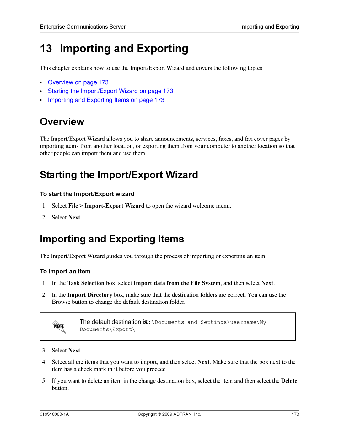 ADTRAN 619510003-1A manual Starting the Import/Export Wizard, Importing and Exporting Items, To import an item 