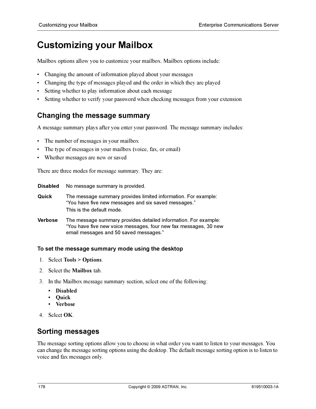 ADTRAN 619510003-1A manual Customizing your Mailbox, Sorting messages, To set the message summary mode using the desktop 