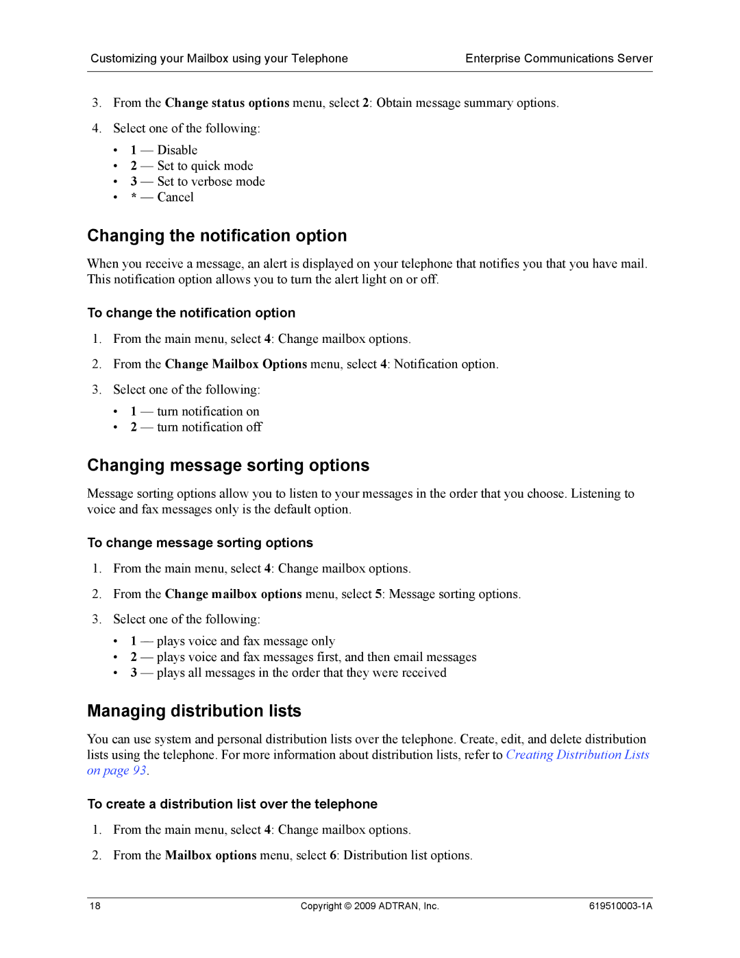 ADTRAN 619510003-1A manual Changing the notification option, Changing message sorting options, Managing distribution lists 