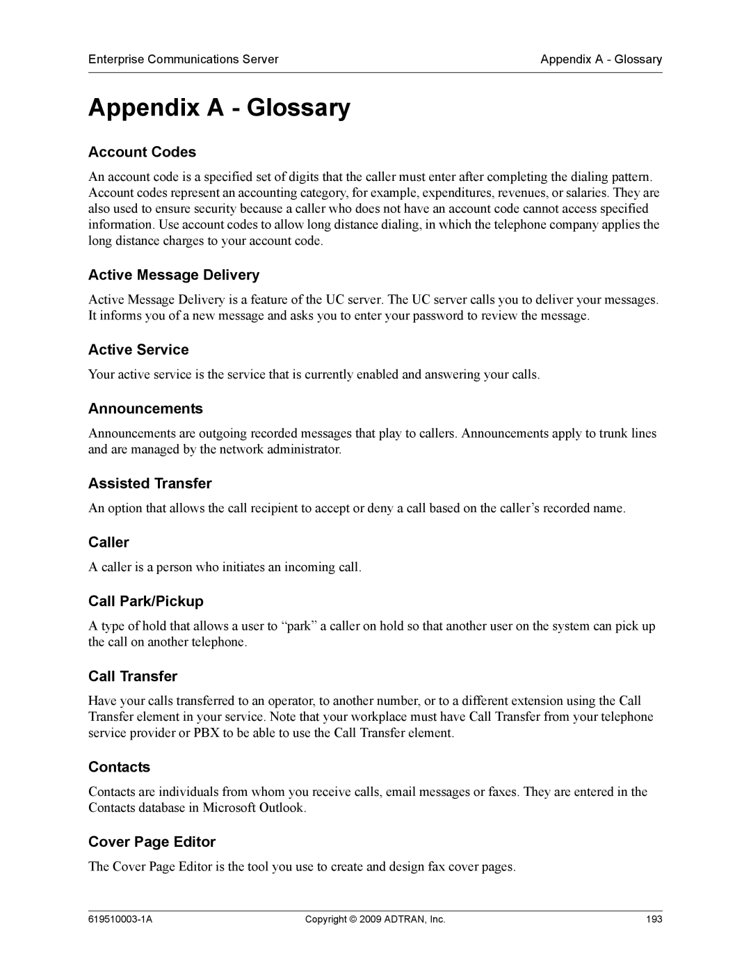 ADTRAN 619510003-1A manual Appendix a Glossary 