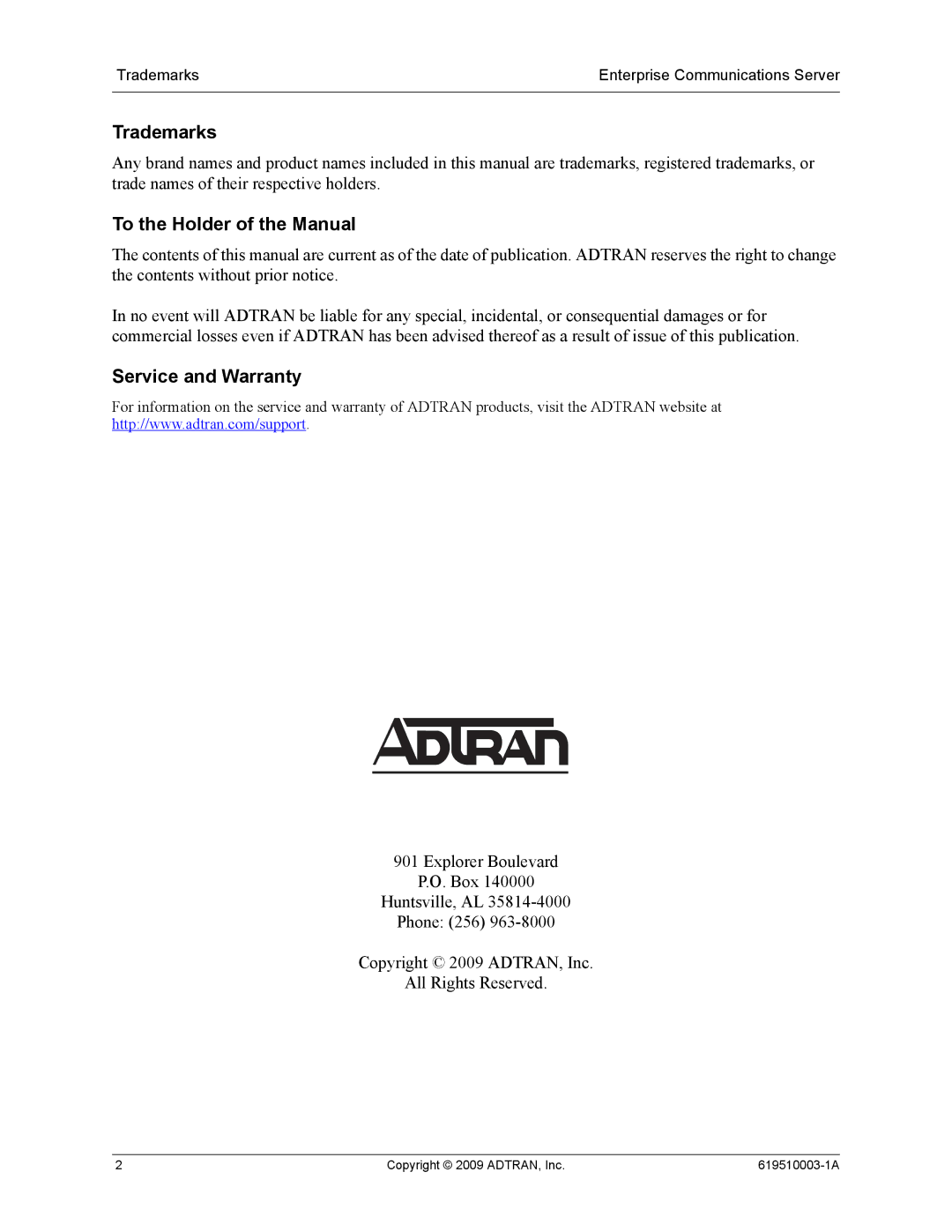 ADTRAN 619510003-1A manual Trademarks, To the Holder of the Manual, Service and Warranty 