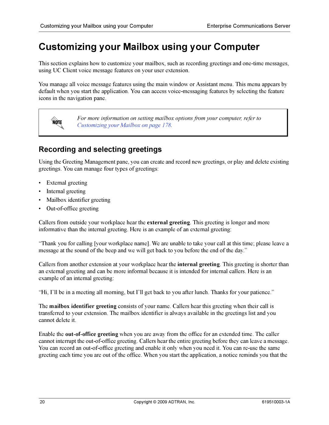 ADTRAN 619510003-1A manual Customizing your Mailbox using your Computer, Recording and selecting greetings 