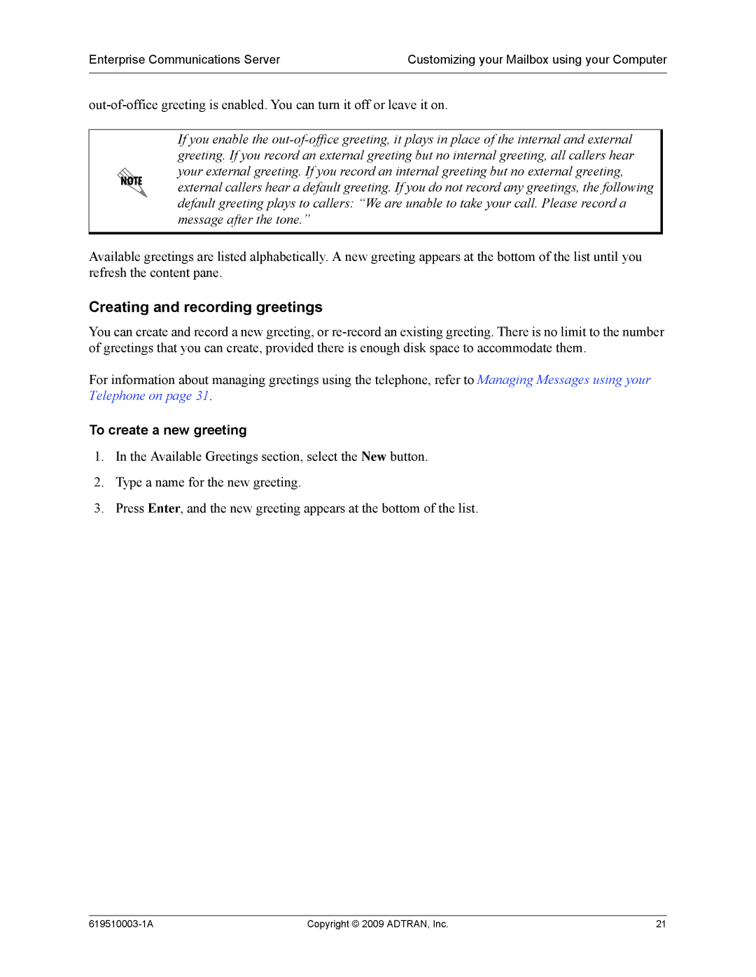 ADTRAN 619510003-1A manual Creating and recording greetings, To create a new greeting 