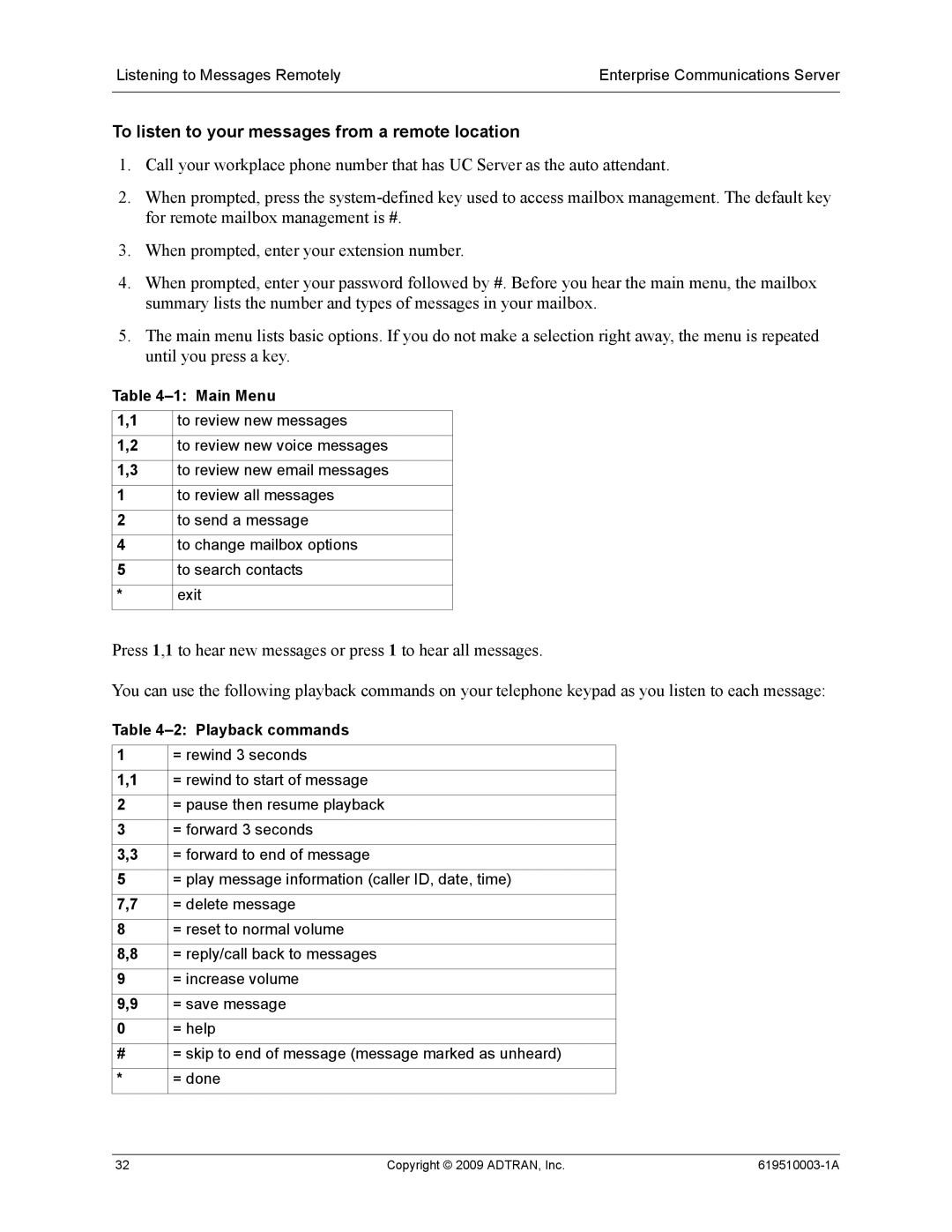 ADTRAN 619510003-1A manual To listen to your messages from a remote location 