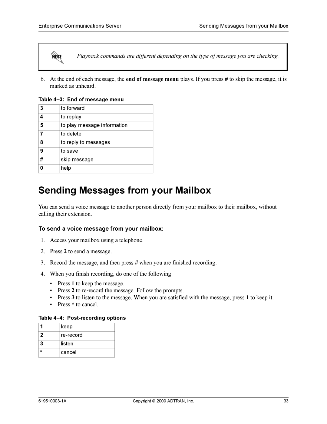 ADTRAN 619510003-1A Sending Messages from your Mailbox, To send a voice message from your mailbox, Post-recording options 