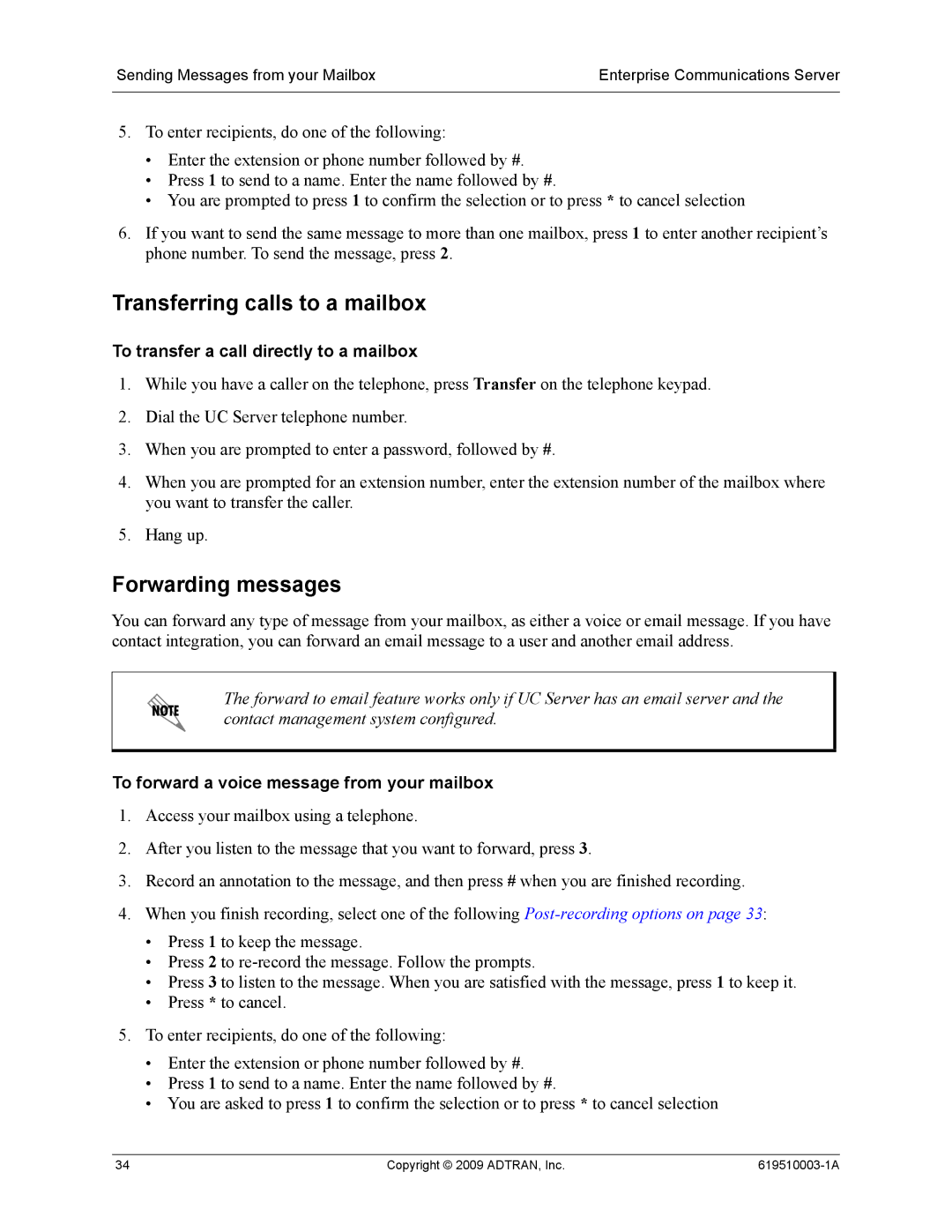 ADTRAN 619510003-1A manual Transferring calls to a mailbox, Forwarding messages, To transfer a call directly to a mailbox 